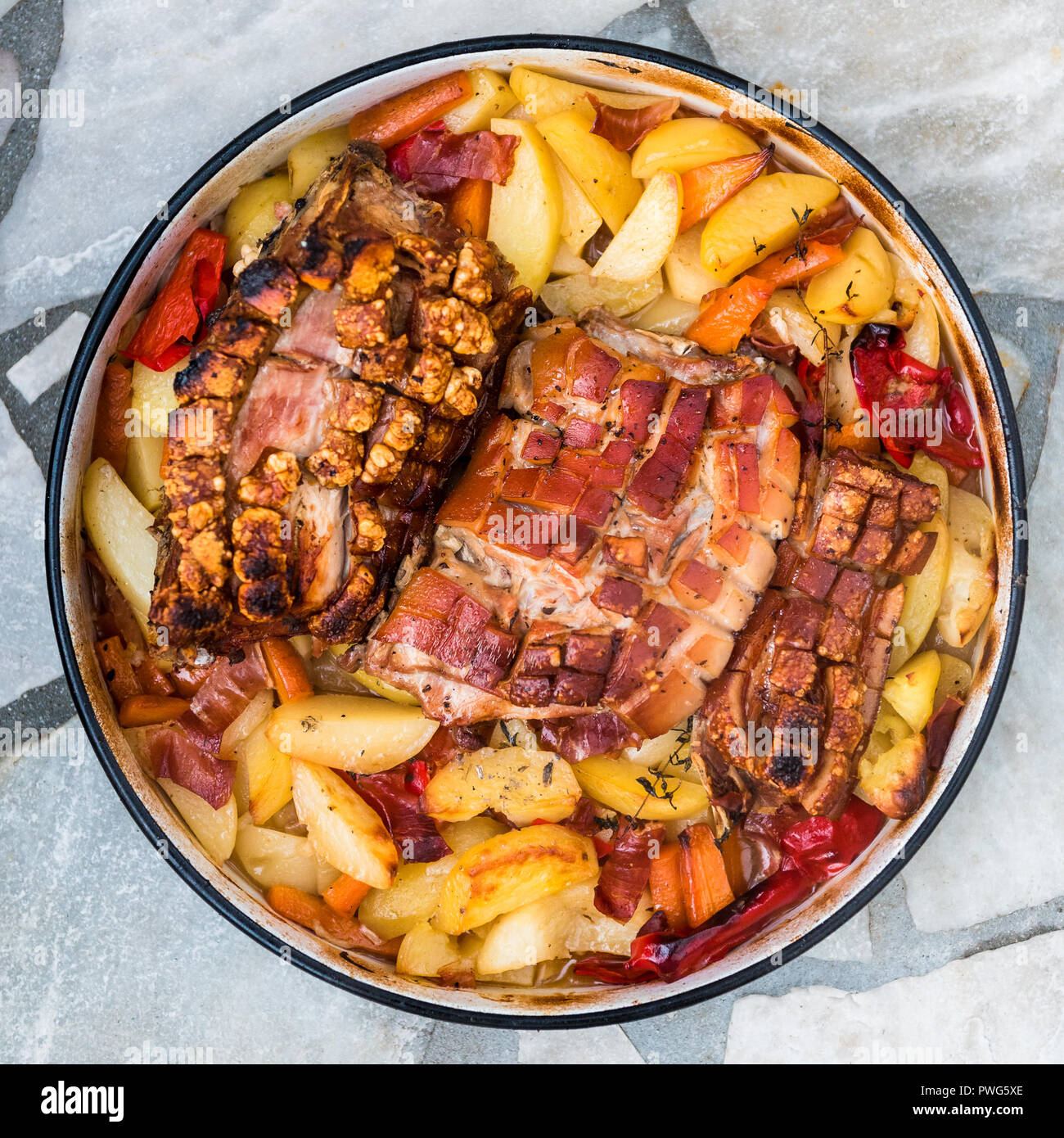Preparing and cooking pork roast in traditional metal pot Peka. Meat