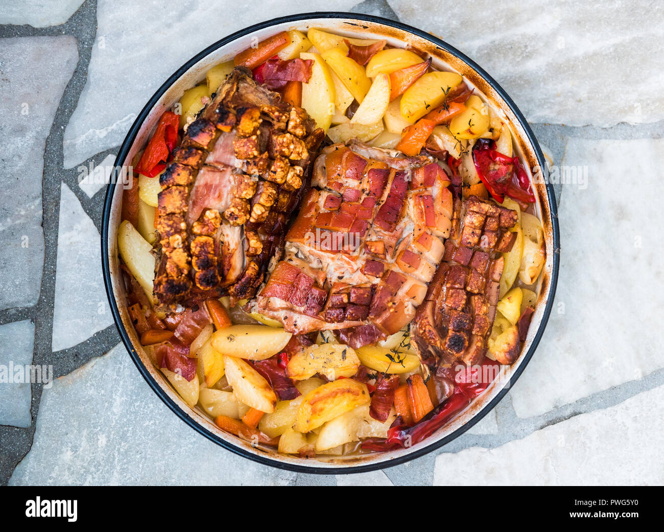 Preparing and cooking pork roast in traditional metal pot Peka. Meat