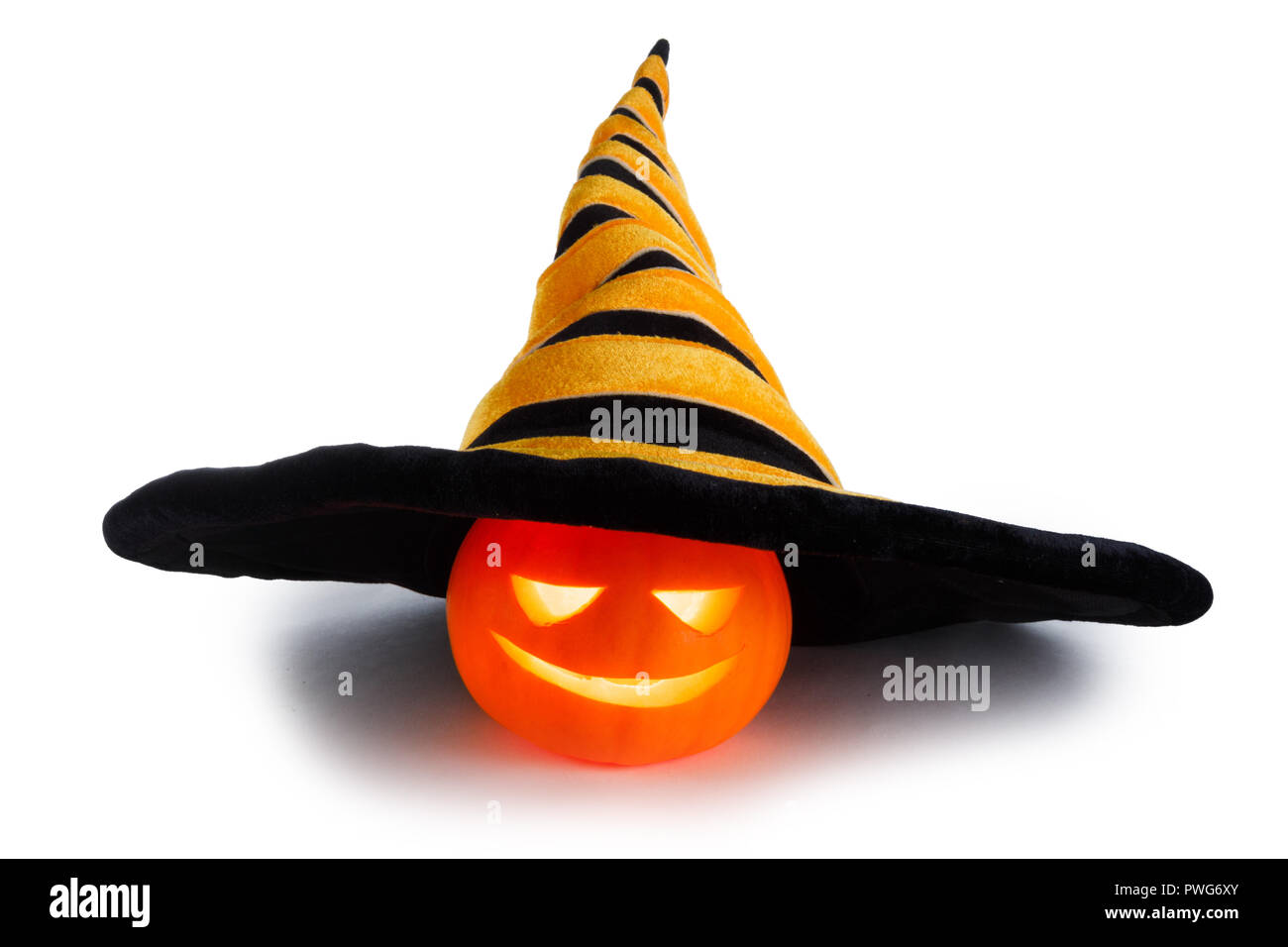 Jack O Lantern Halloween pumpkin with witches hat isolated on white ...