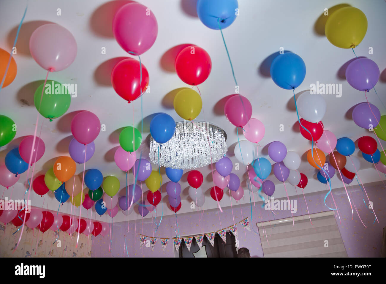 Helium Balloons Colorfull Balloons Float On The White Ceiling In