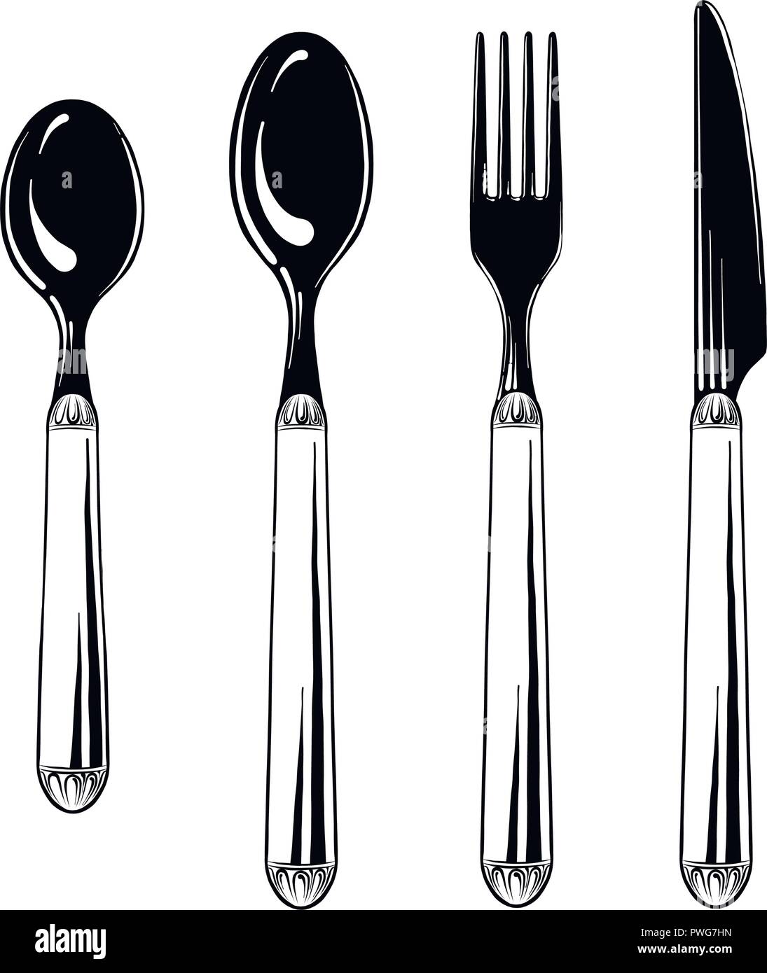 Cutlery set teaspoon, spoon, fork and knife in black isolated on white
