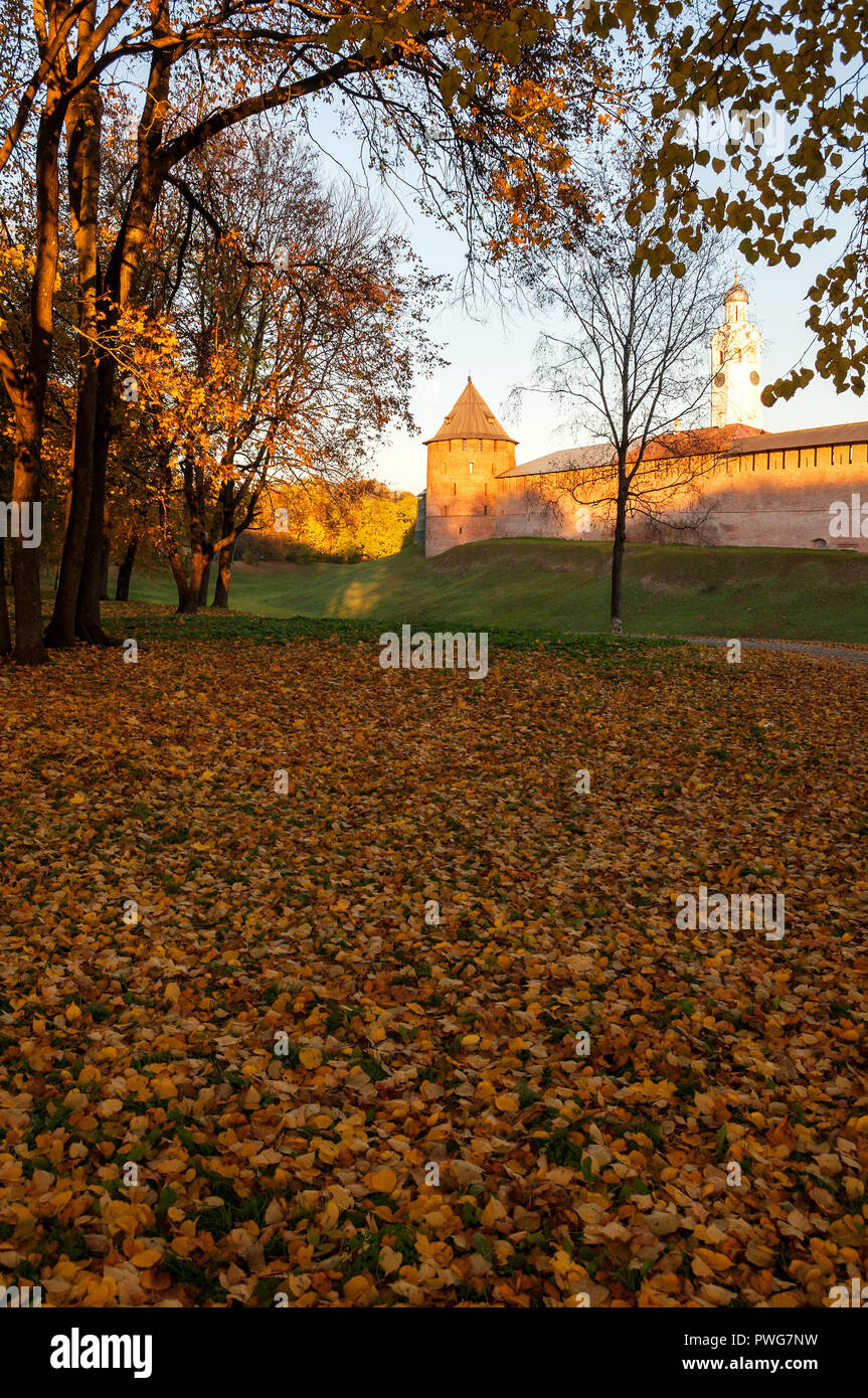 Veliky Novgorod, Russia. Fedor tower and clock tower of Veliky Novgorod ...