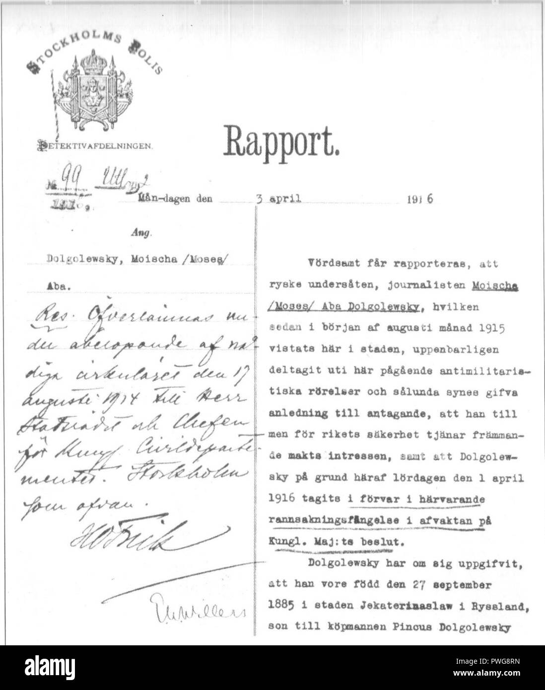 Bukharin swedish police document. Stock Photo