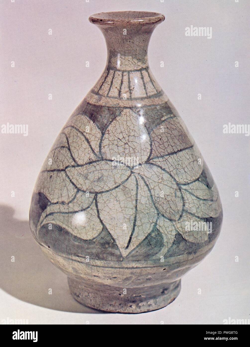 Buncheong Bottle with Sgraffito and Underglaze Iron Flower Design Stock