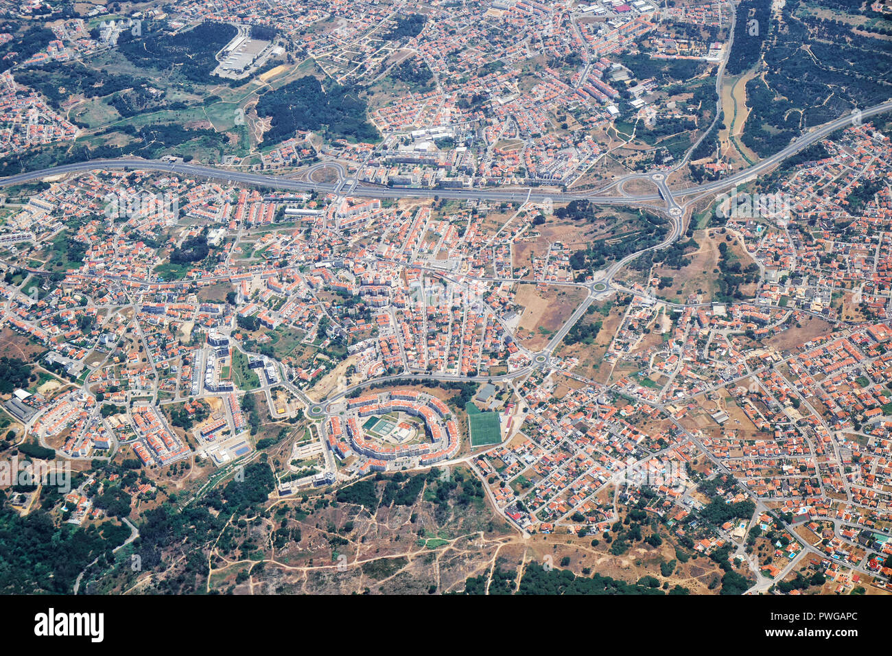 The air view of Bem Me Quer condominium in the form of the eye in Charneca de Caparica parish. Almada. Portugal Stock Photo
