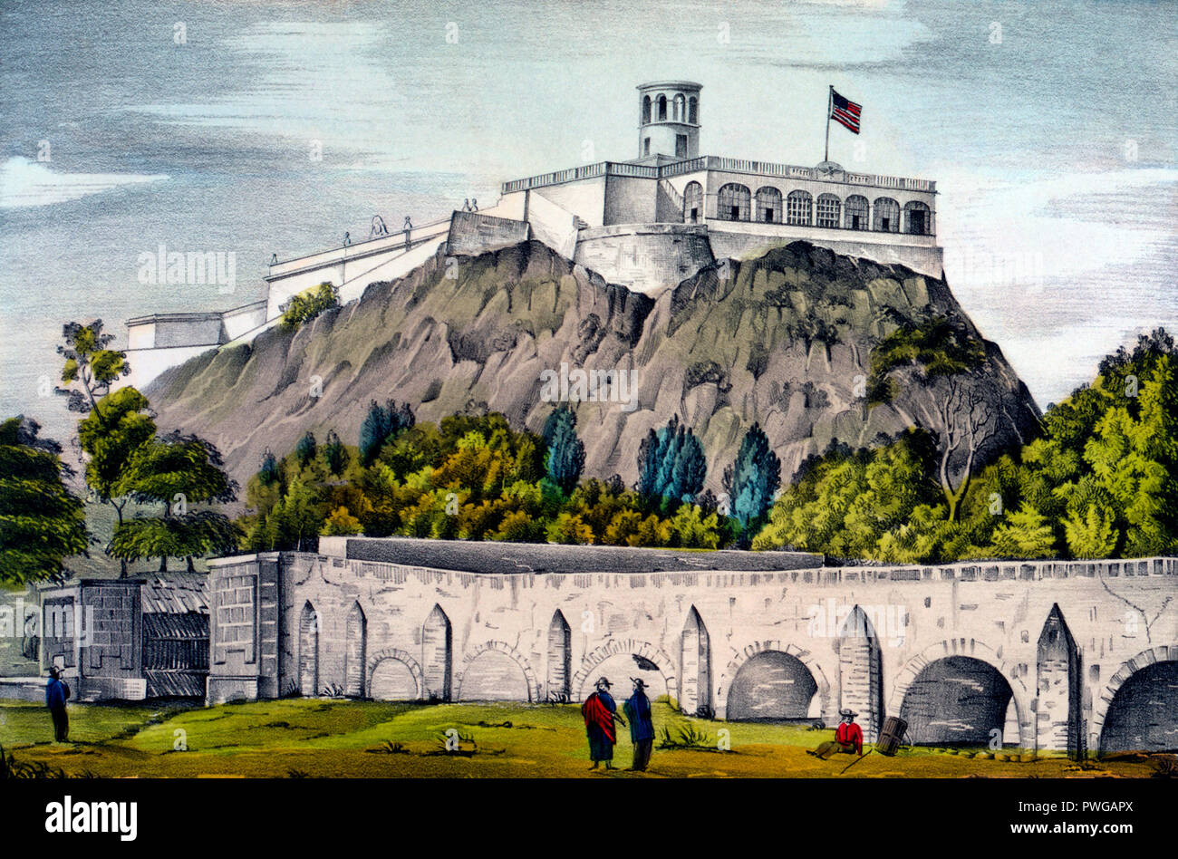 Military College of Chapultepec, hand tinted lithograph published by Nathaniel Currier, c. 1847 following the Battle of Chapultepec at Chapultepec Castle in Mexico City during the Mexican-American War. A United States flag indicates the outcome of the battle. The work depicts the Military College of Chapultepec, the ancient site of the halls of the Montezumas. Stock Photo