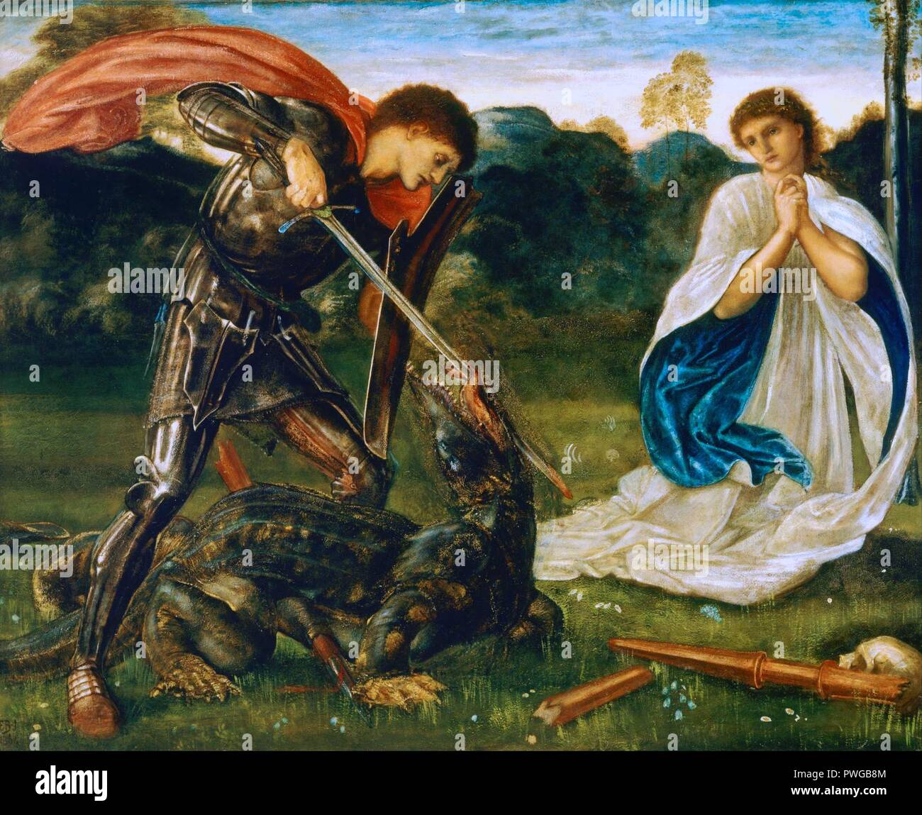 The Fight -- St George Kills the Dragon VI (Burne-Jones). Stock Photo