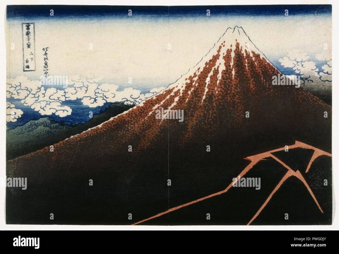 A Shower Below the Summit from the series Thirty -six Views of Mount Fuji (Fugaku sanjurokkei) - Katsushika Hokusai. Stock Photo