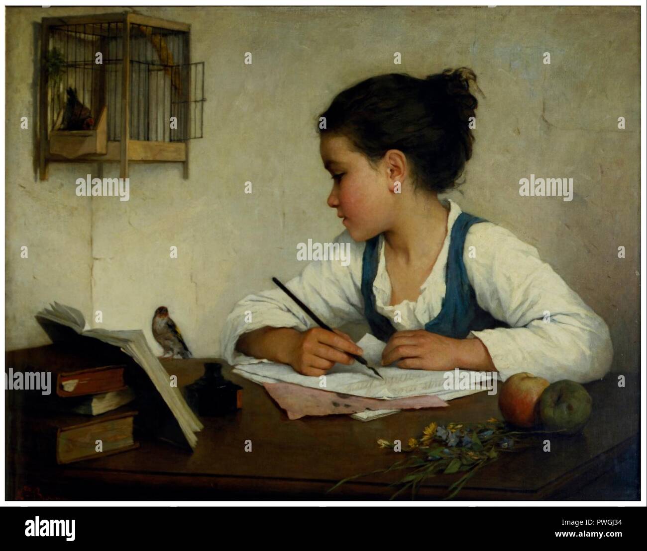 Browne, Henriette - A Girl Writing; The Pet Goldfinch - Stock Photo