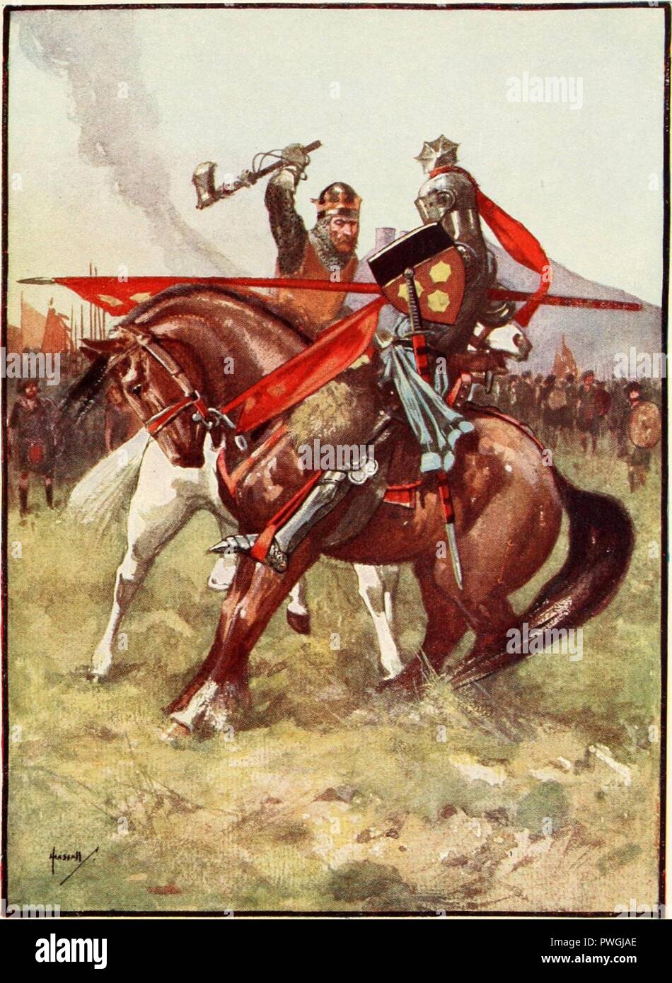 Bruce brought his axe crashing down upon the head of Bohun Stock Photo