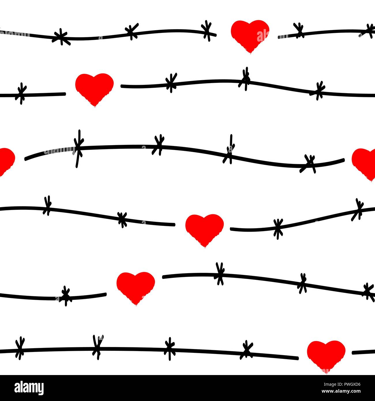 Seamless pattern. Barbed wire. The red heart is locked. Stock Vector