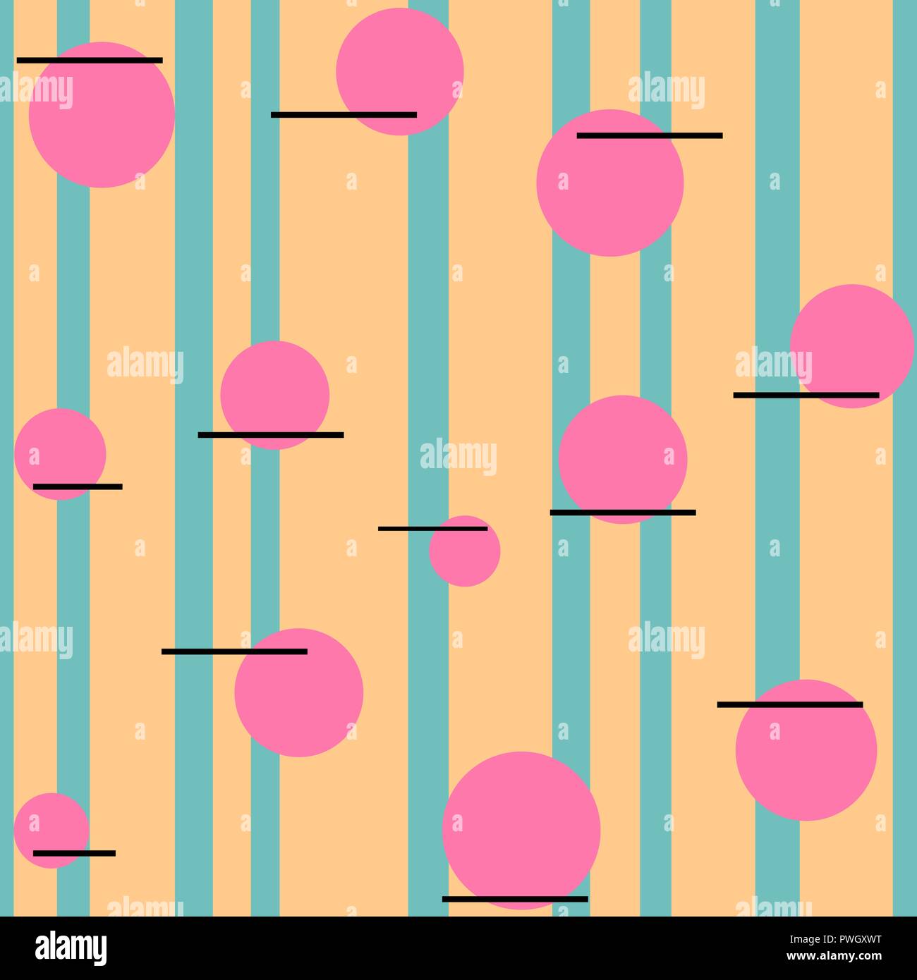 Seamless pattern. Orange stripes on a green background with pink circles. Stock Vector