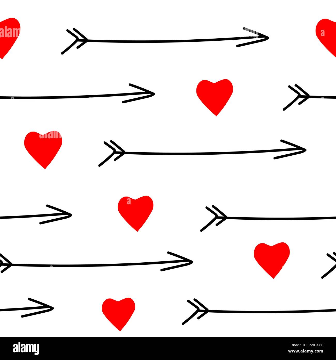Seamless pattern. Red hearts and black arrows on a white background ...
