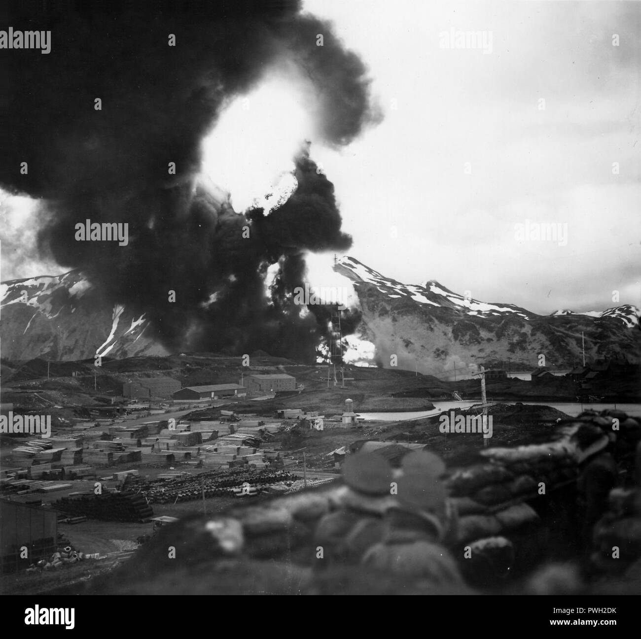 Burning oil tanks at Dutch Harbor 1942 Stock Photo Alamy