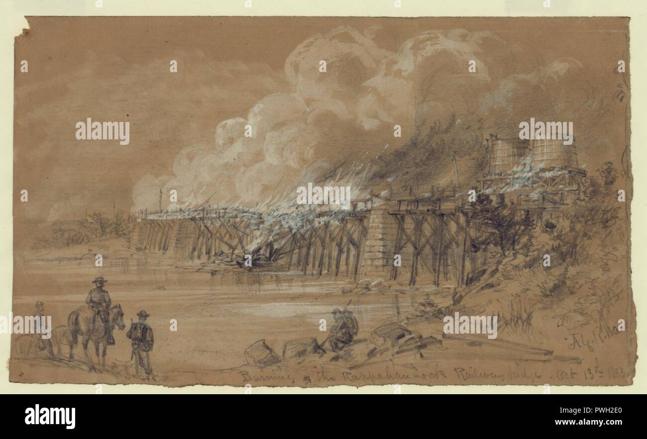Burning the Rappahannock Railway bridge. Oct. 13th 1863 Stock Photo