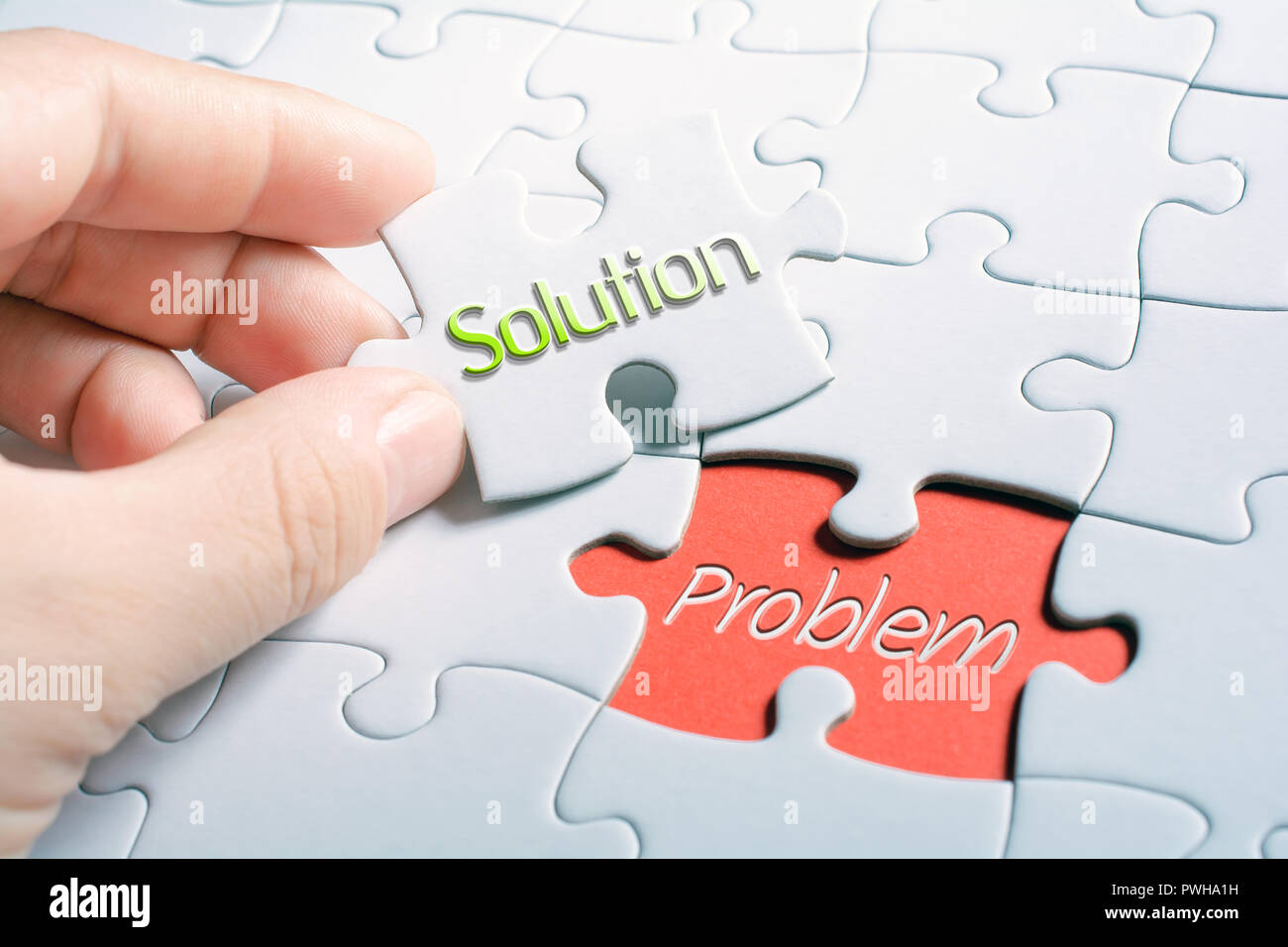 The Words Solution And Problem In Missing Piece Jigsaw Puzzle Stock