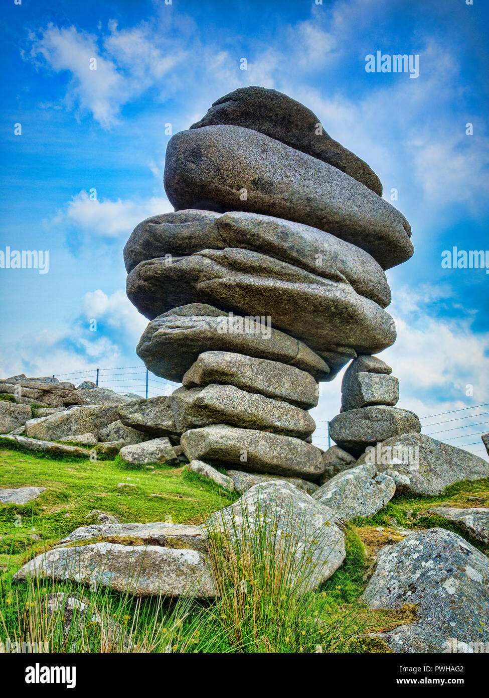 The Cheesewring, a granite tor on Bodmin Moor, near the village of Minions, Cornwall, UK Stock Photo