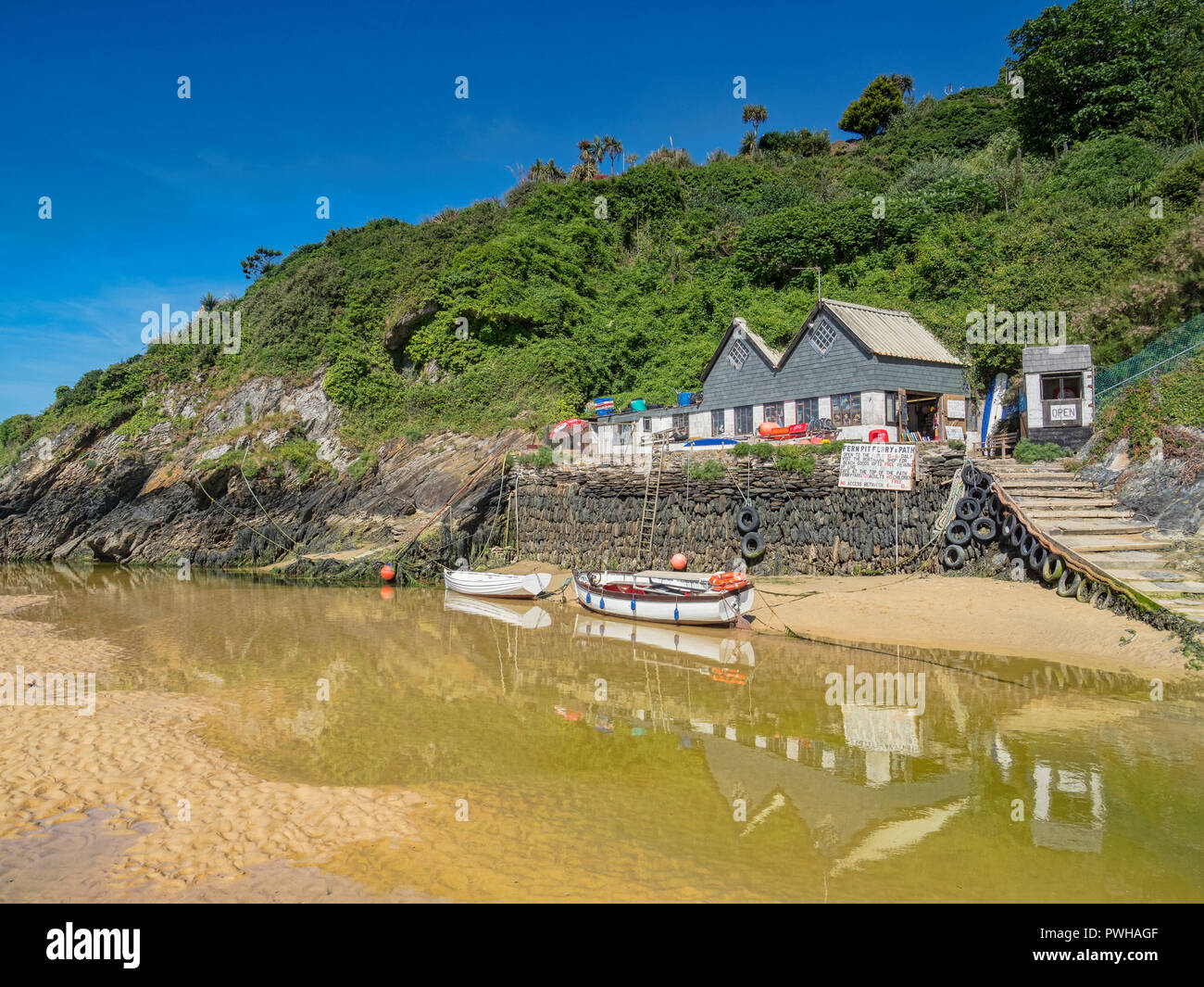 23 June 2018: Newquay, North Cornwall, UK - Crantock Beach with the Fern Pit Ferry. Stock Photo