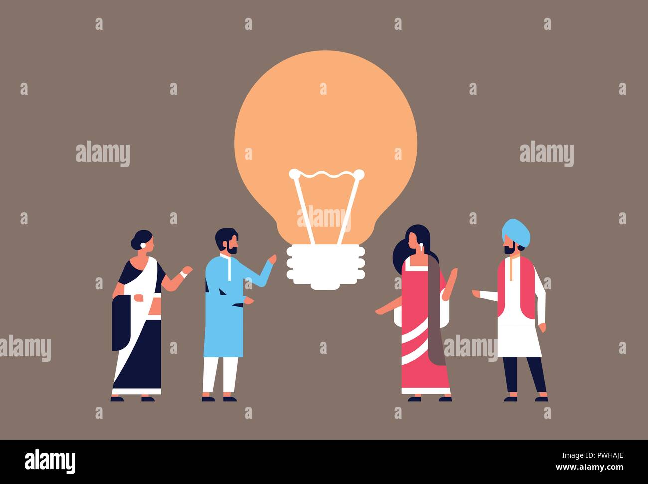 indian people group brainstorming new idea light lamp innovation concept indian man woman team working process flat horizontal vector illustration Stock Vector