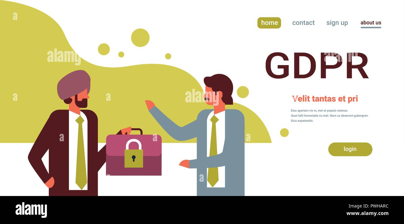 indian businessman hold case padlock security GDPR General Data Protection Regulation concept two indian men business relationships flat horizontal co Stock Vector