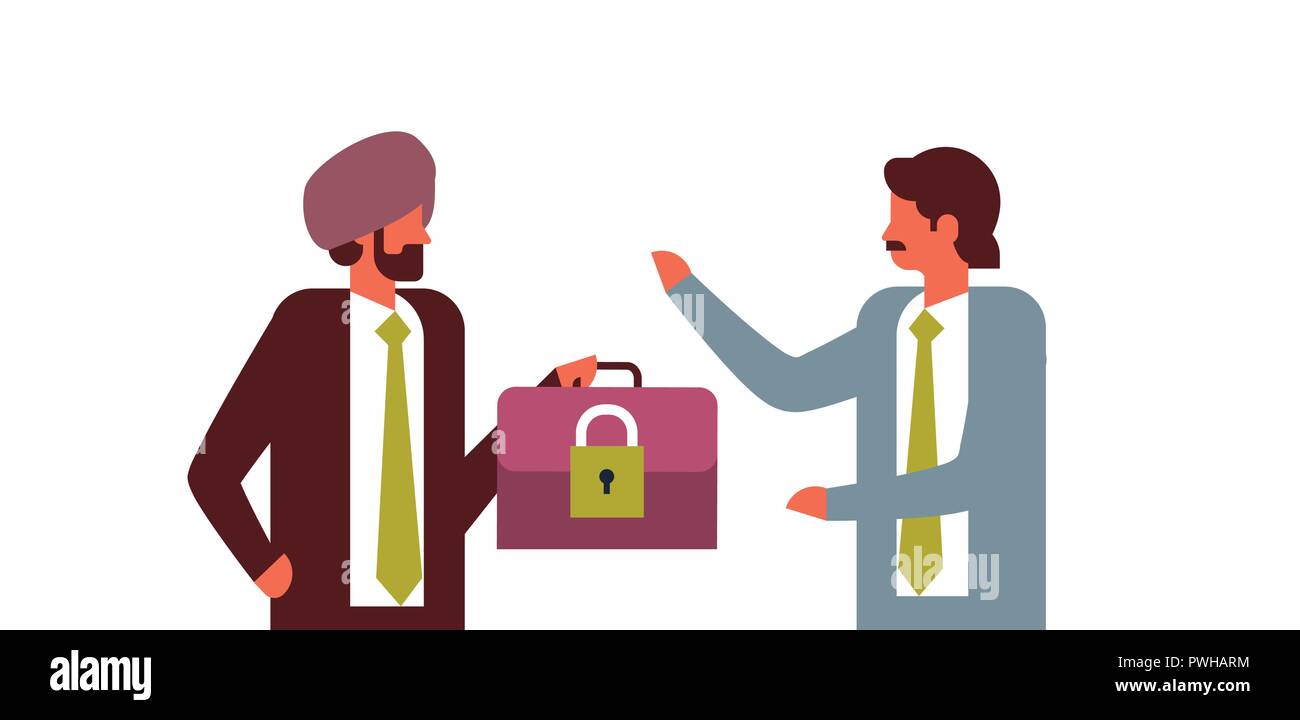 indian businessman hold case padlock security GDPR General Data Protection Regulation concept two indian men business relationships flat horizontal ve Stock Vector