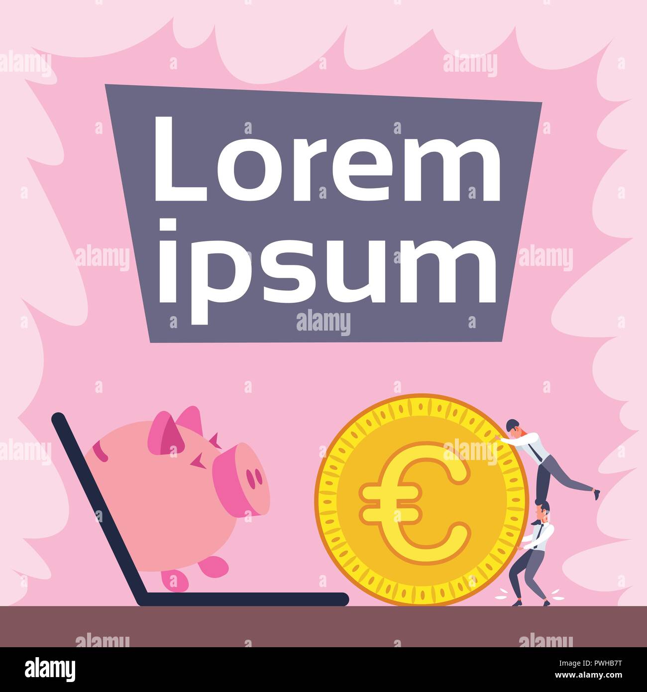 Businessmen Rolling Euro Coin Laptop Screen Piggy Bank Online