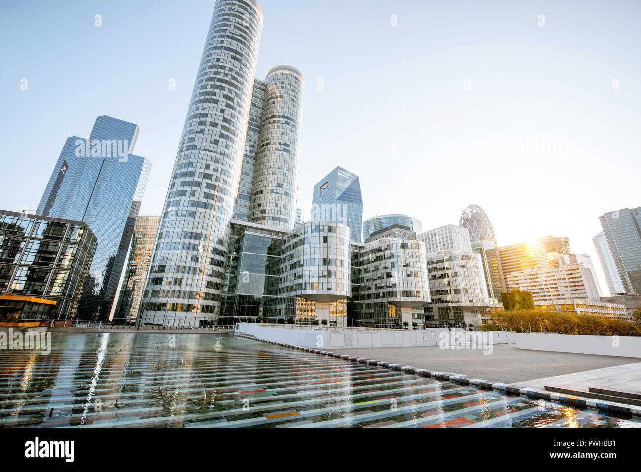 Skyline with beautiful skyscrapers in La Defense financial district during the morning light in Paris Stock Photo