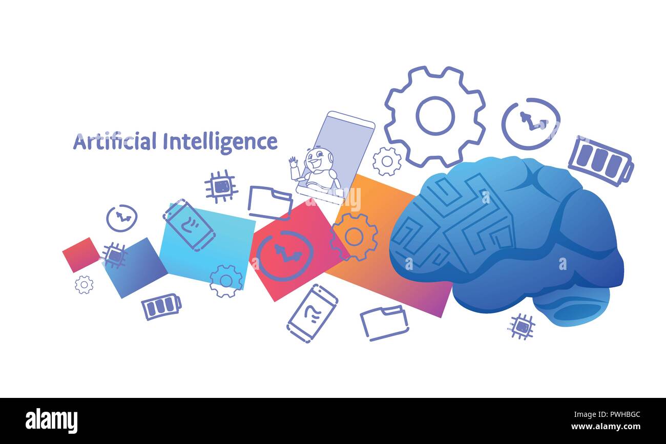 modern robotic digital technology assistance artificial intelligence concept brain icon sketch doodle horizontal vector illustration Stock Vector