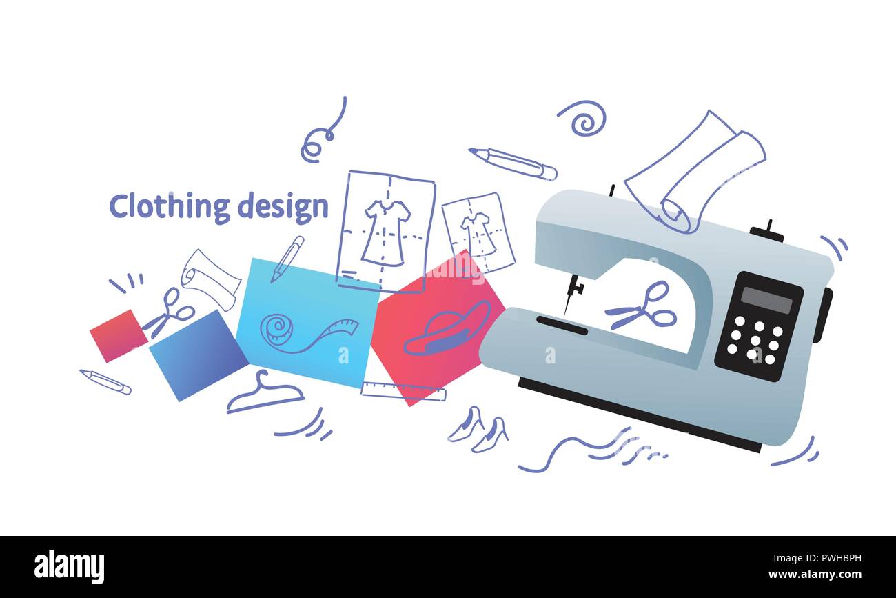 Fashion Designer Stylish Clothing Design Concept Sewing Machine Icon Sketch Doodle Horizontal 7128