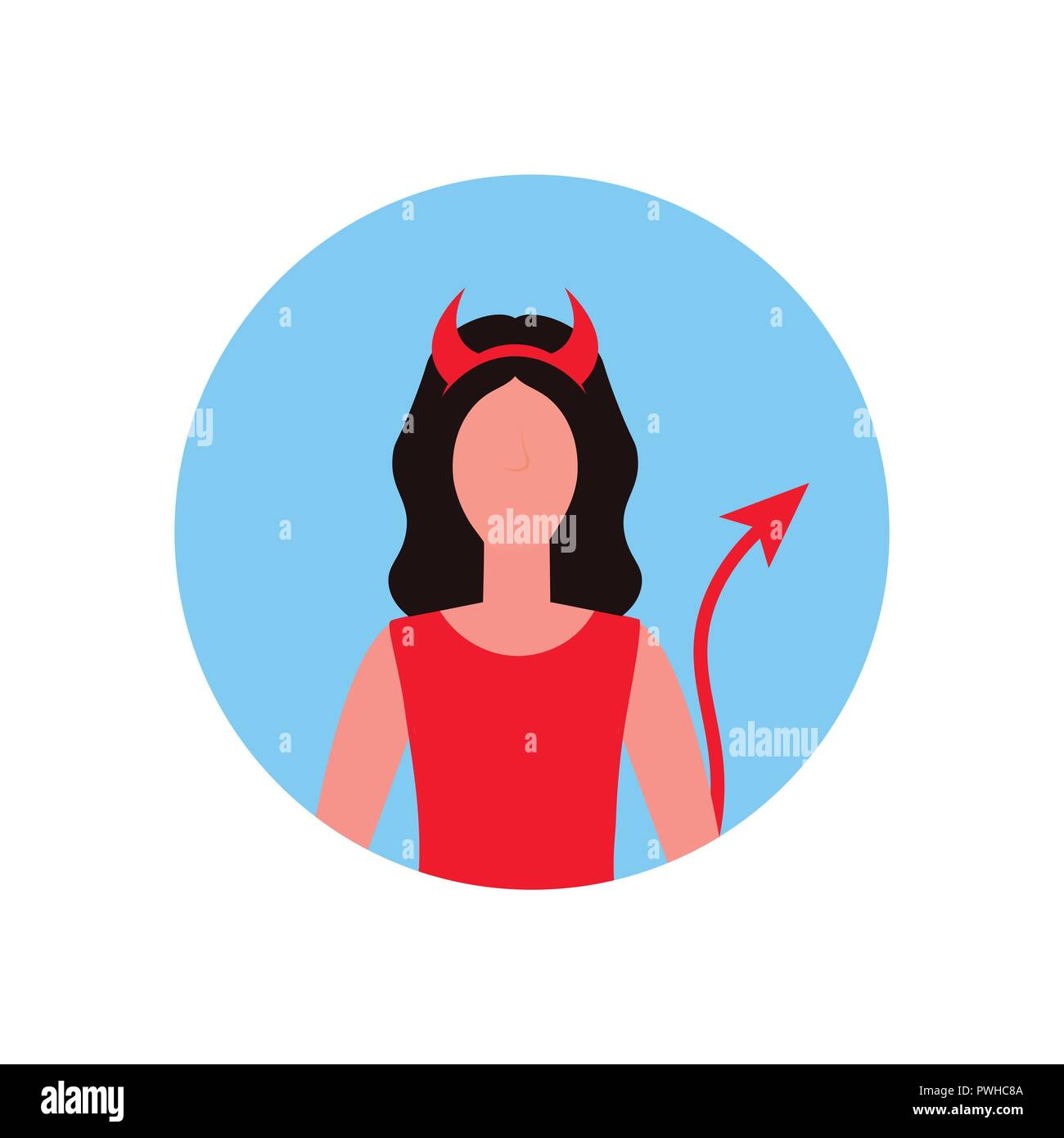woman wearing devil horns tail costume face avatar happy halloween concept female cartoon character portrait flat Stock Vector