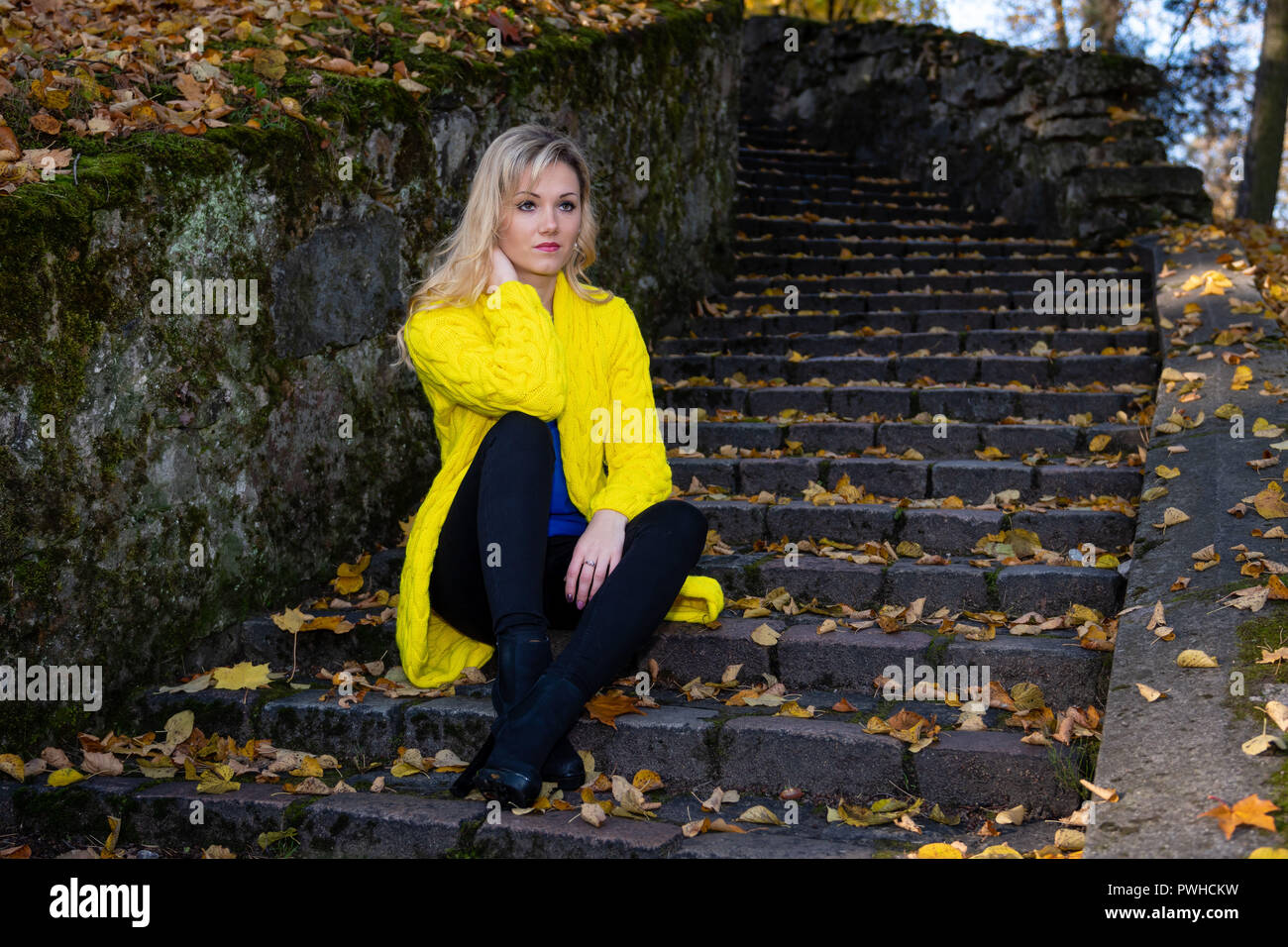 Young Beautiful Blonde Woman Sits In The Park On A Old Ladder Young Beautiful Blonde Woman Sits In The Park On A Old Ladder