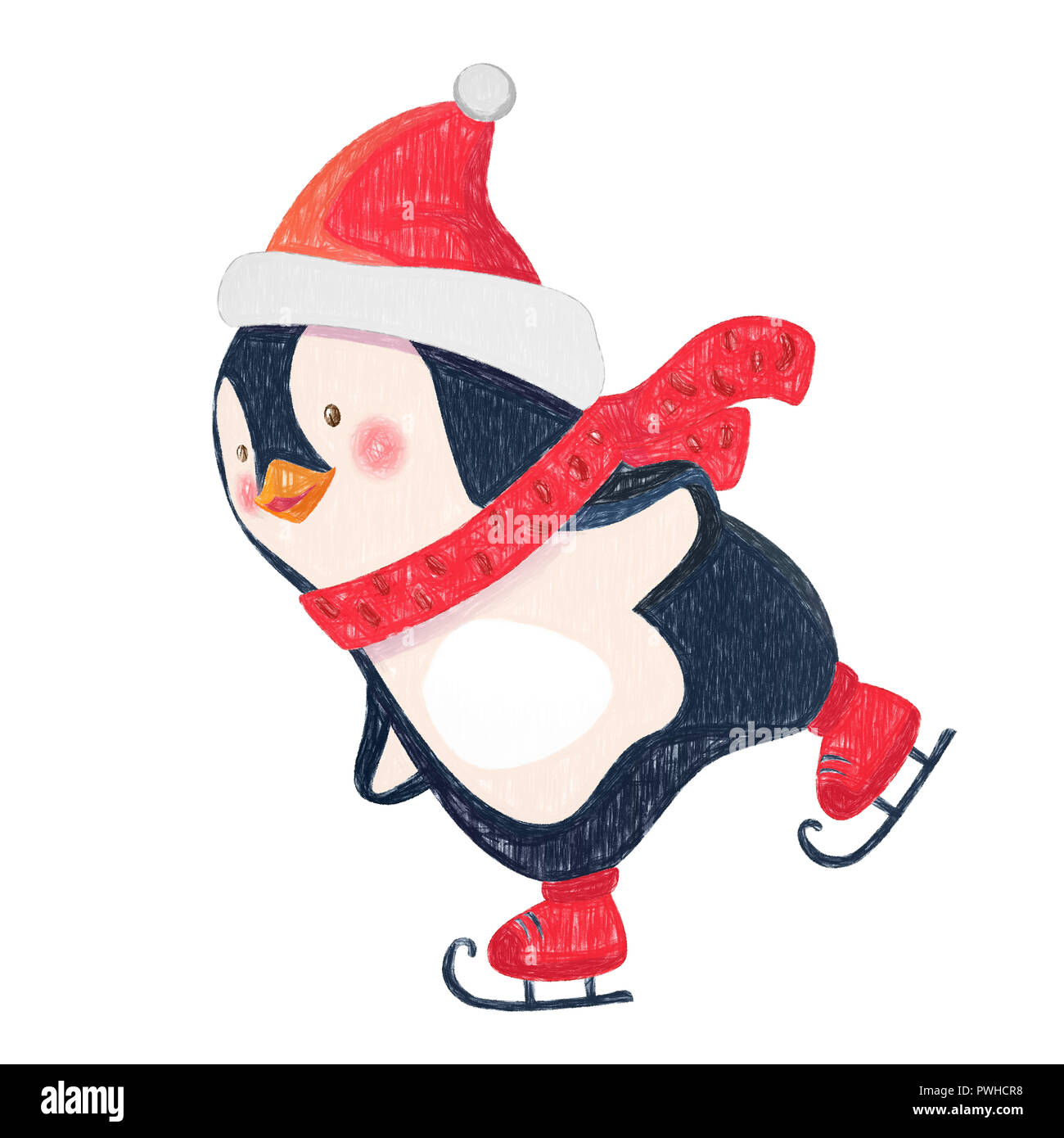 Penguin cartoon. Penguin ice skates on ice skating rink in the winter