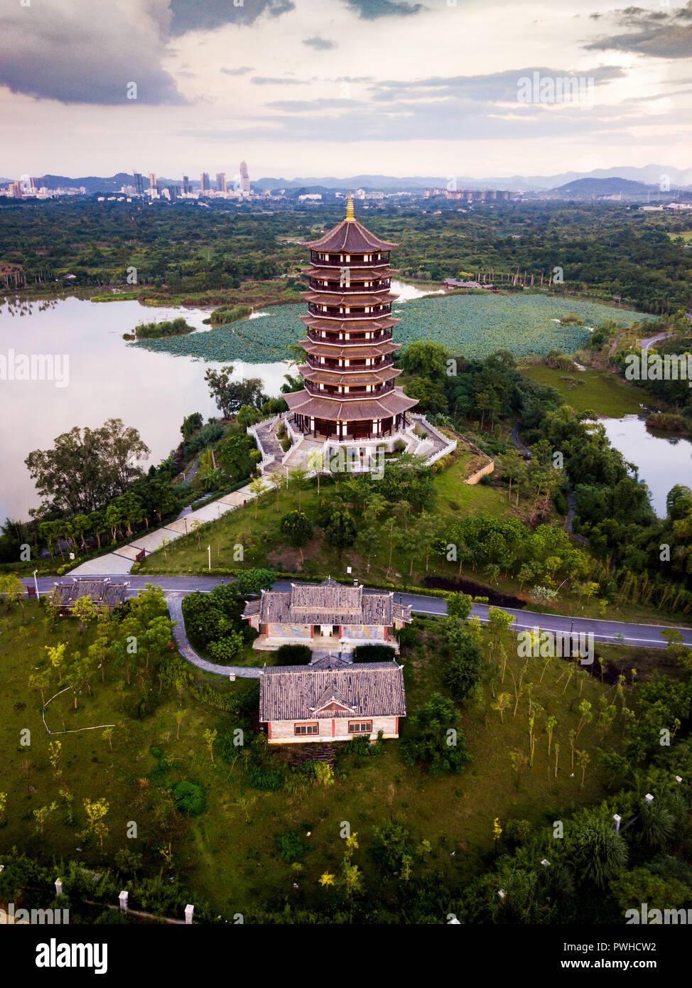 Chinese park with lotus flowers lake aerial view Stock Photo
