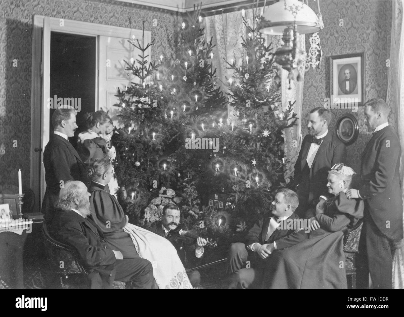 Christmas 1896. A family has gathered to celebrate christmas and they have christmas trees with lit candles in them to enjoy. The family is all dressed up in their finest clothes and a man is playing the violin.  Sweden 1896 Stock Photo