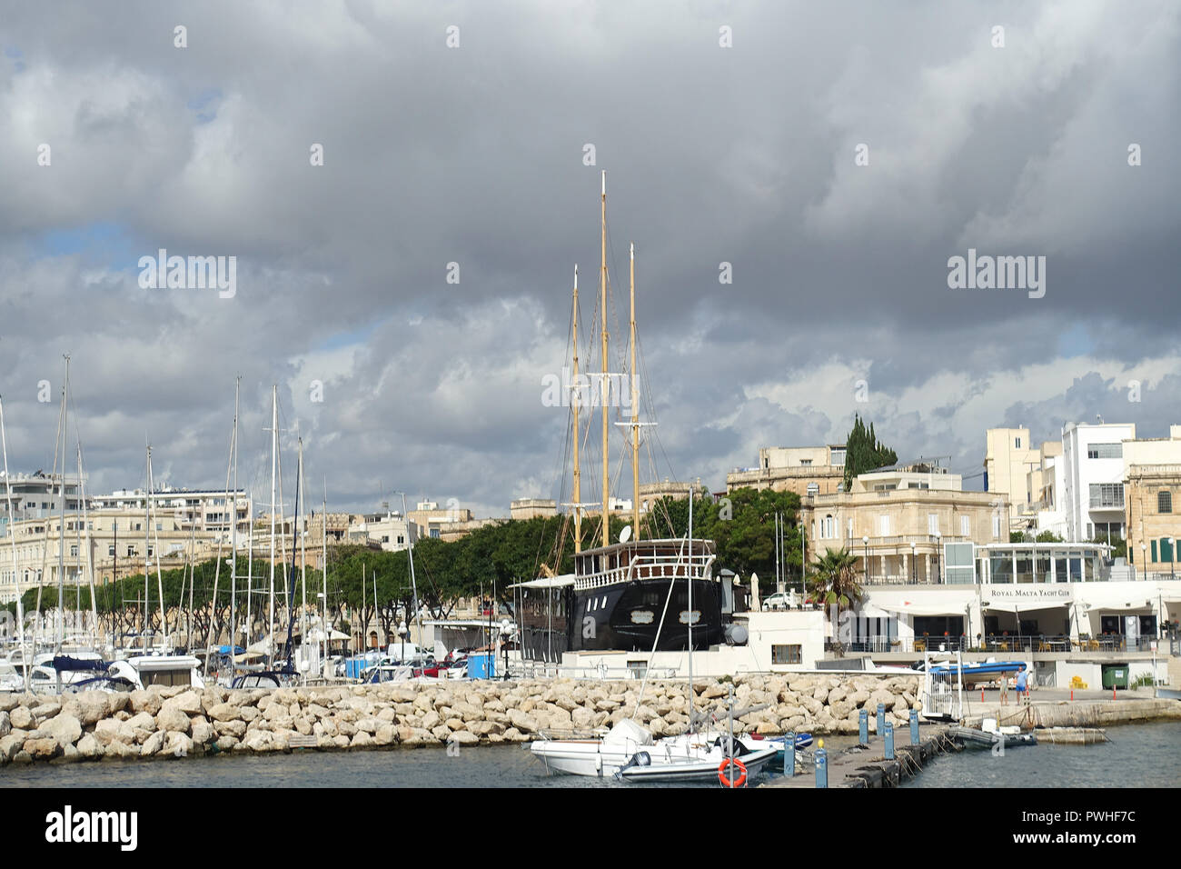Royal Malta Yacht Club and Errol Flynn's Black Pearl schooner, now a