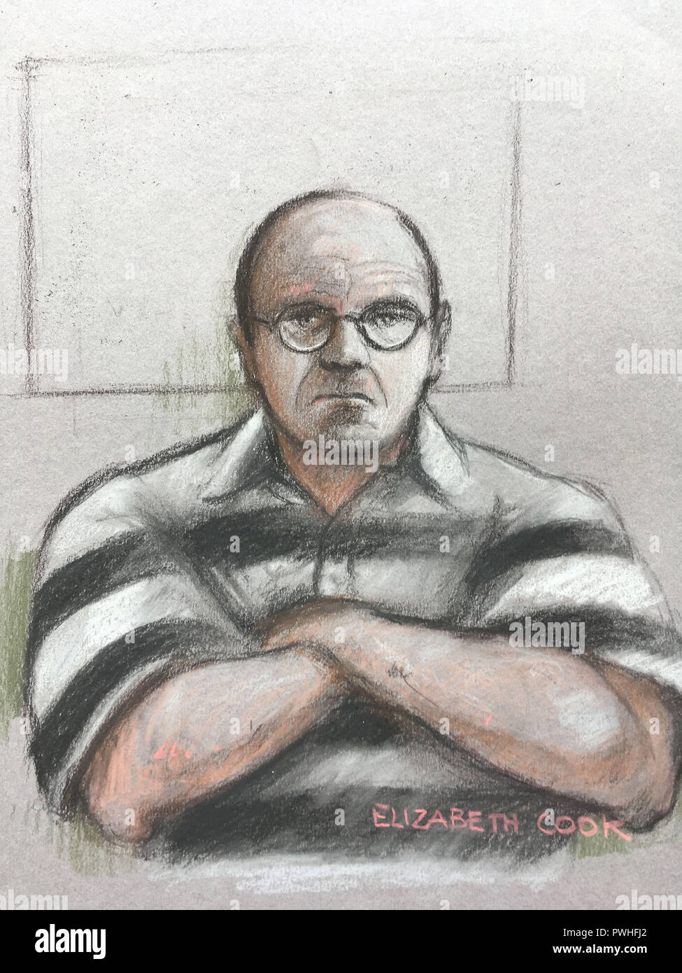 Court artist sketch by Elizabeth Cook of Russell Bishop in custody appearing via video link for a plea hearing at the Old Bailey where he is accused of the murders of nine-year-olds Nicola Fellows and Karen Hadaway more than thirty years ago. Stock Photo
