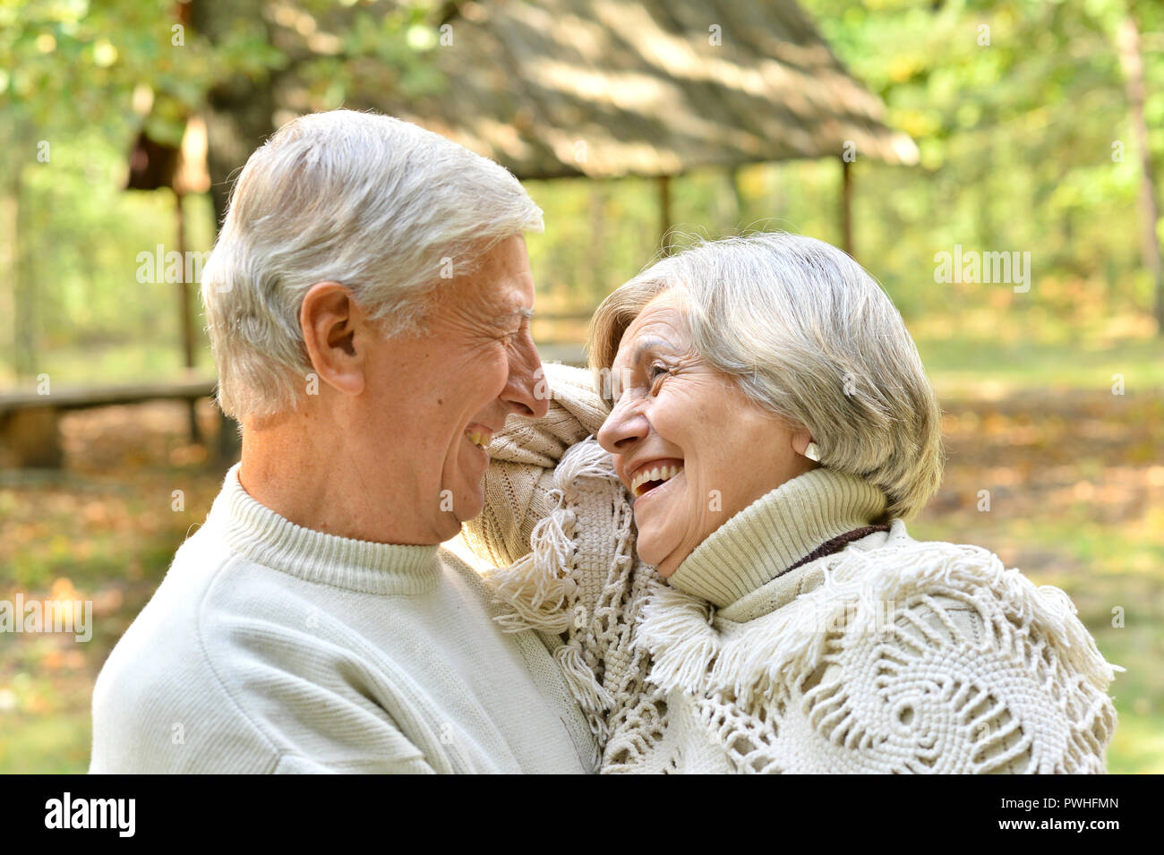 Happy senior couple in autumn park hugging Stock Photo - Alamy