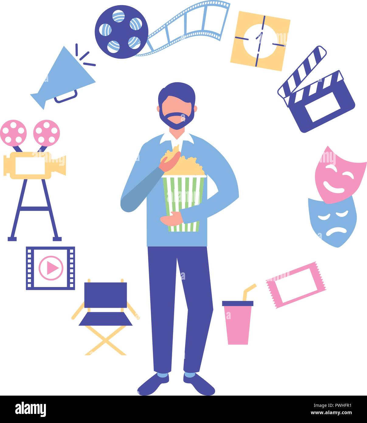 man holding popcorn production movie film vector illustration Stock Vector