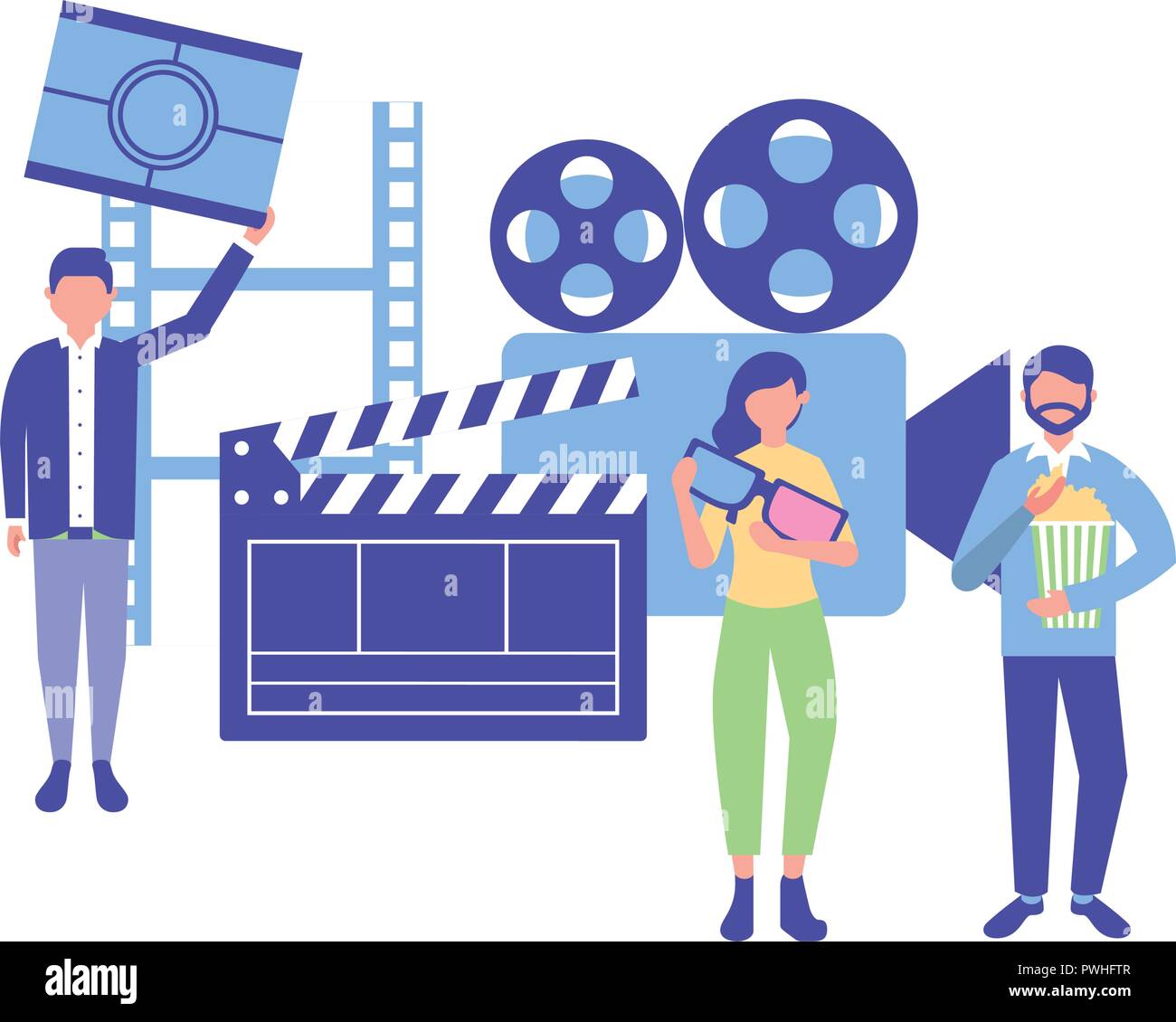 people production movie film projector countdown strip clapperboard vector illustration Stock Vector