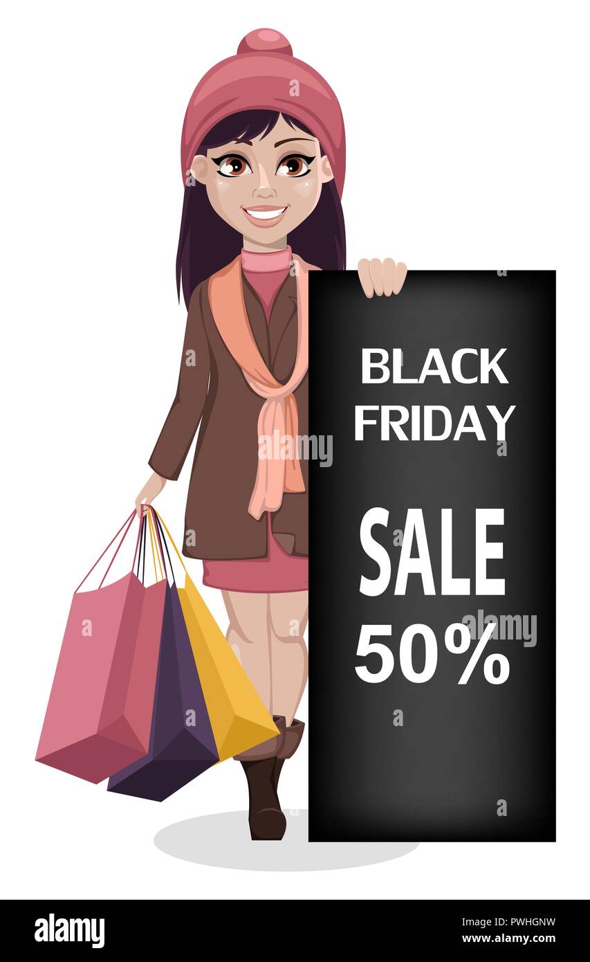 Black Friday Beautiful Girl Cartoon Character Standing Near Big Black Placard Advertisement For Sale Discount Shopping Vector Illustration On Wh Stock Vector Image Art Alamy
