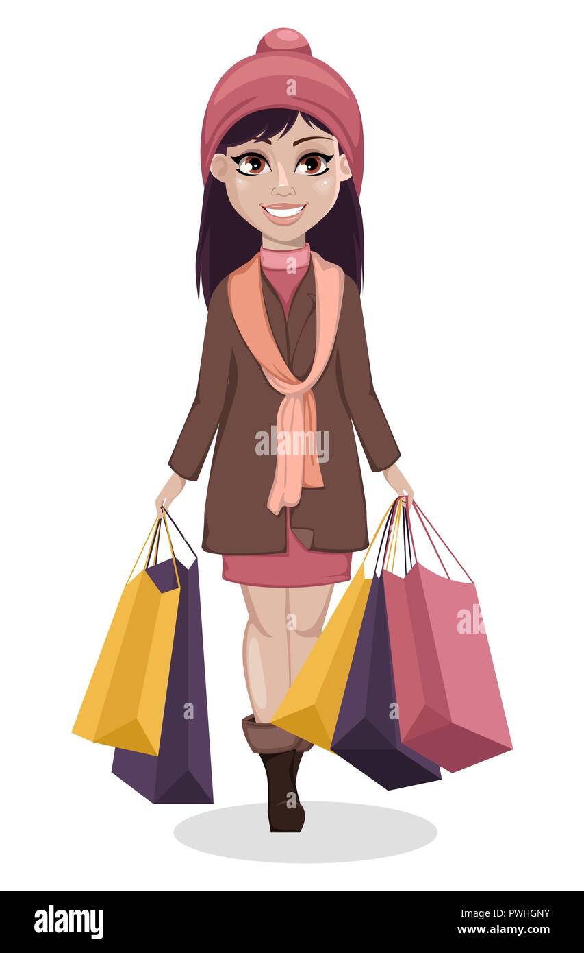Black Friday. Beautiful girl, cartoon character holding shopping bags.  Advertisement for sale, discount, shopping. Vector illustration on white  backgr Stock Vector Image & Art - Alamy