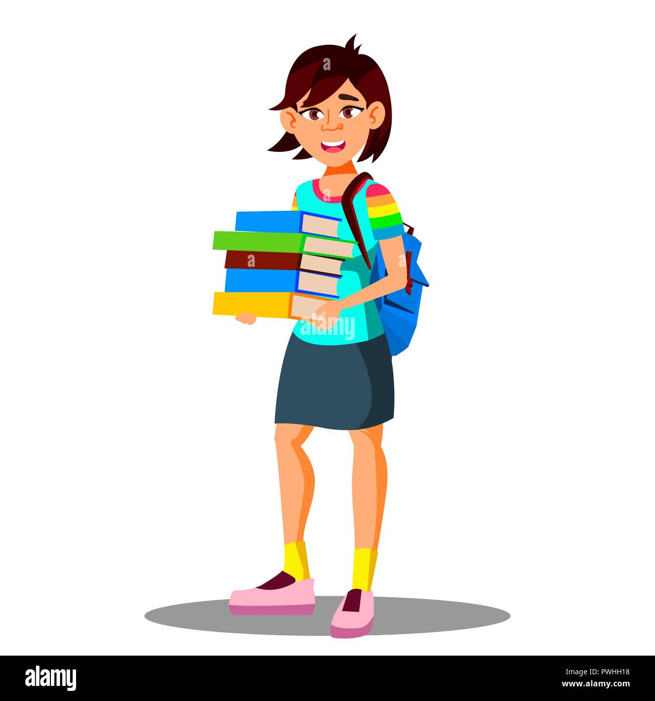 Smiling Asian Girl Student Holding Books In Hand Vector. Isolated Illustration Stock Vector