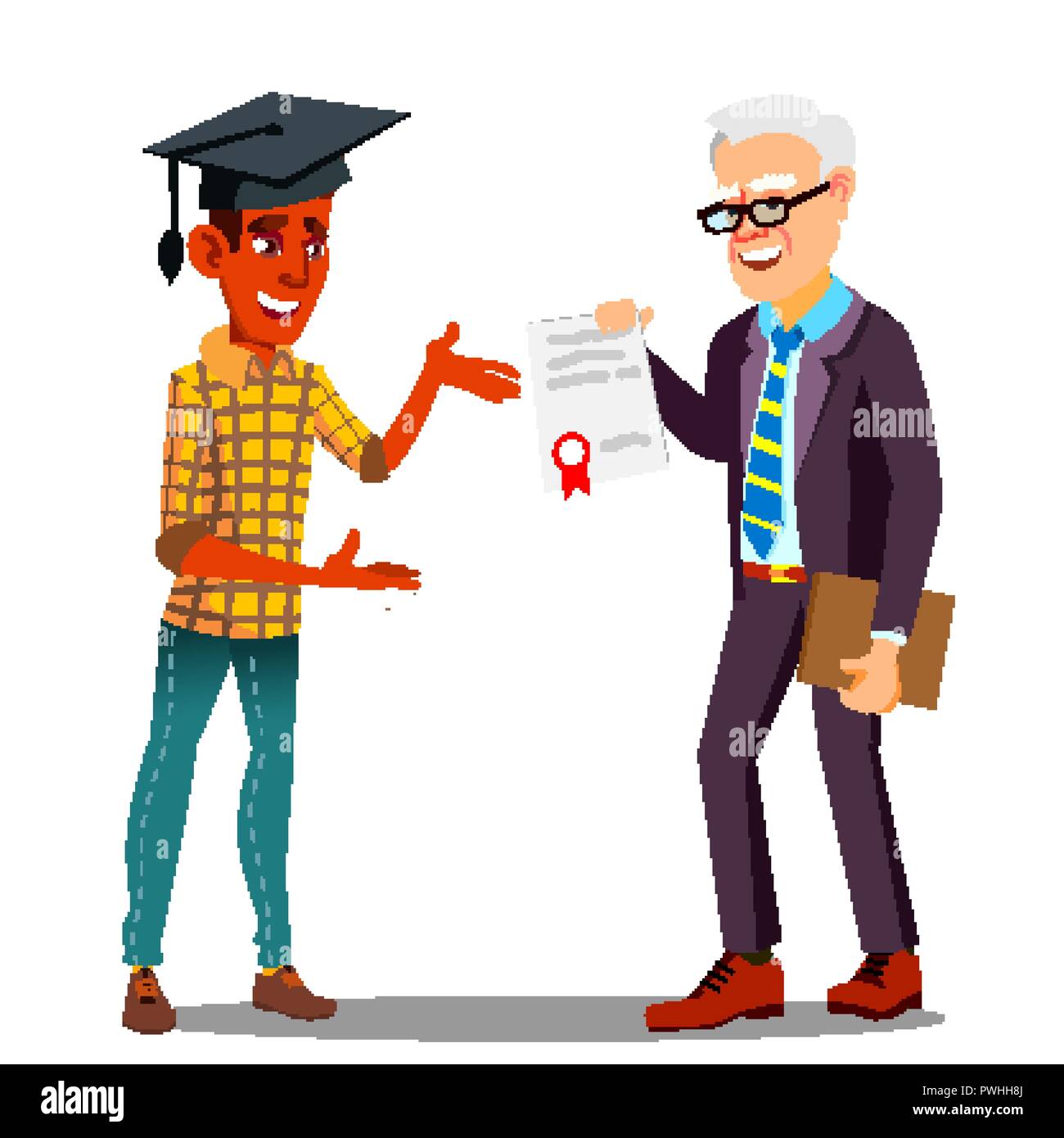 Rector Presenting Diploma To Happy Student In Graduate Cap Vector