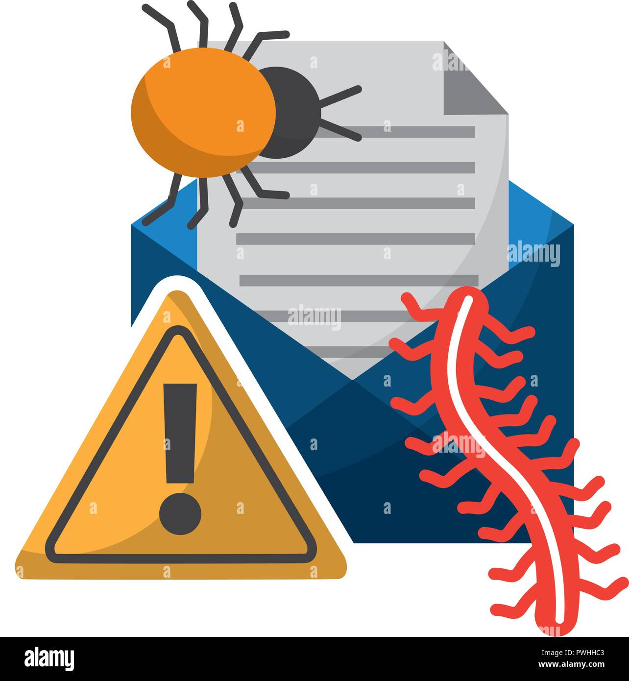 data protection email message virus bug worm alert vector illustration