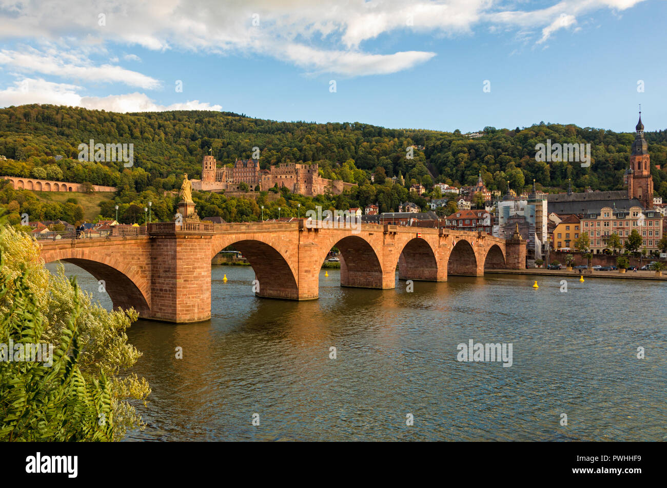 Old Bridge across Neckar river, ruins of the castle and the old town of Heidelberg, Germany Stock Photo