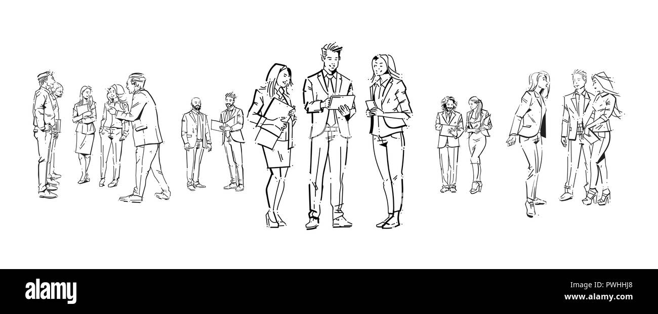 business people communication during meeting, agreement in front of businesspeople discussion colleagues communicating full length concept on white background hand draw silhouette sketch banner Stock Vector