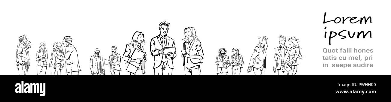 business people communication during meeting, agreement in front of businesspeople discussion colleagues communicating portrait concept on white background hand draw silhouette sketch banner Stock Vector