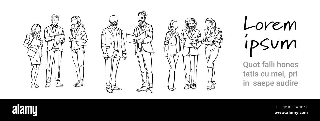 business people communication during meeting, discussion colleagues communicating full length concept on white background hand draw silhouette sketch banner copy space Stock Vector