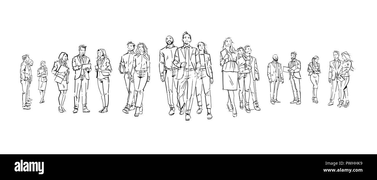 set business people communication during meeting, agreement in front of businesspeople discussion colleagues communicating full length concept on white background hand draw silhouette sketch Stock Vector