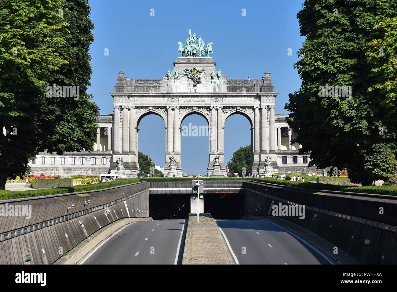 A view of the monumental triumphal arch in the Cinquantenaire Park in Brussels Stock Photo